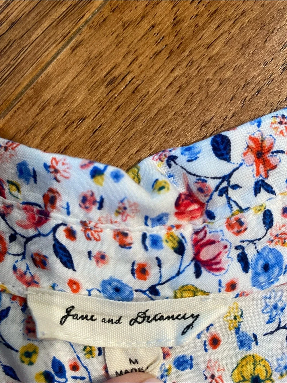 Jane and Delancey White Floral Button Front Top with Blue, Red and Yellow Print - Picture 2 of 3
